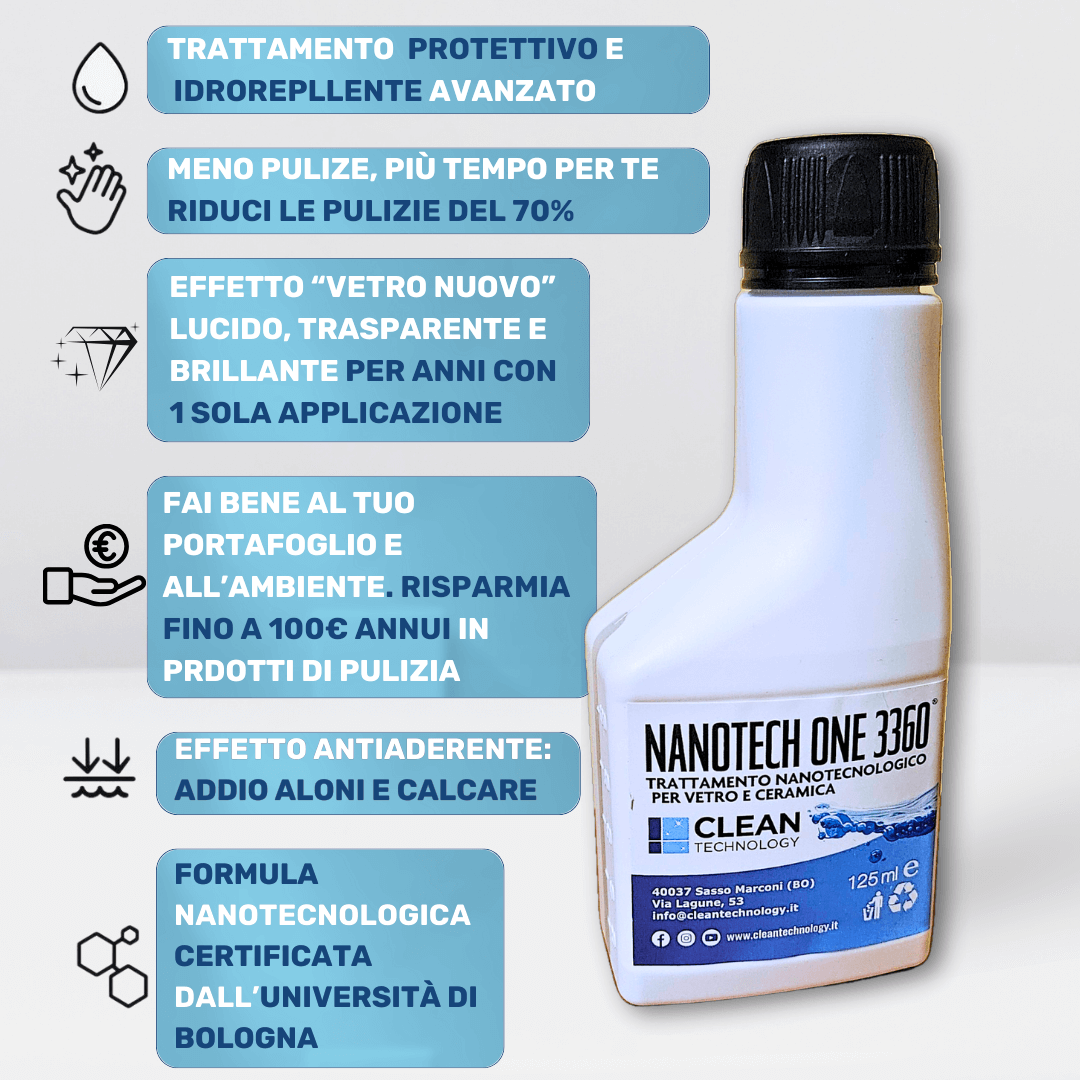 NANOTECH ONE 3360- TRATTAMENTO NANOTECNOLOGICO VETRI E CERAMICHE-125 ml - SCONTATO 35%