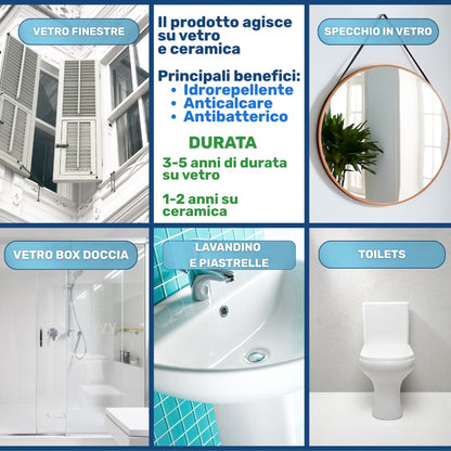 casi di utilizzo di nanotechone-3360 su vetro finestre-specchio-vetro box doccia e ceramiche. 